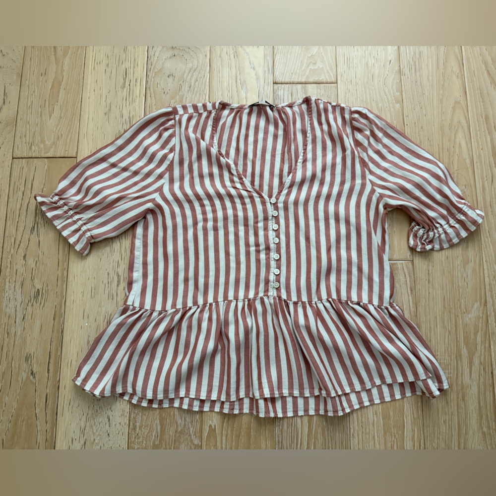 Madewell Rose and White Striped Peplum Button-Front Blouse